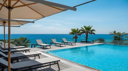 A terrace with sunbeds and a swimming pool with clear blue water. The swimming pool has a stunning sea view and sky. There are palm trees in the background.
