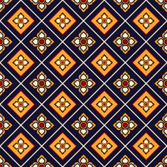 Elegant Thai-inspired pattern. Geometric floral motifs in navy, orange and red. Seamless design for textiles or decor. Traditional Thai pattern with diamond shapes. Luxurious Asian pattern.