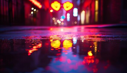 A vibrant city street at night, showcasing colorful neon lights reflected in puddles, creating a romantic urban atmosphere.