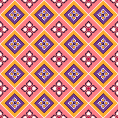 Vibrant geometric pattern with colorful floral motifs. Retro style seamless design  repeating diamond shapes and stylized flowers. Perfect fabric, wallpaper, graphic design projects. Floral pattern.