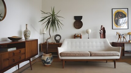 A mid-century modern living room. There's a white sofa with a beige cushion against a wooden base. A wooden sideboard with a few home decor pieces, including a vase, a bowl and a lamp.
