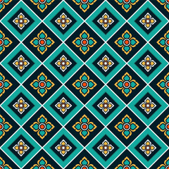 Vibrant geometric pattern featuring intricate floral motifs in turquoise, gold, and black. Seamless repeating design with ornate diamond shapes. Elegant, exotic, pattern. jewel-toned color.