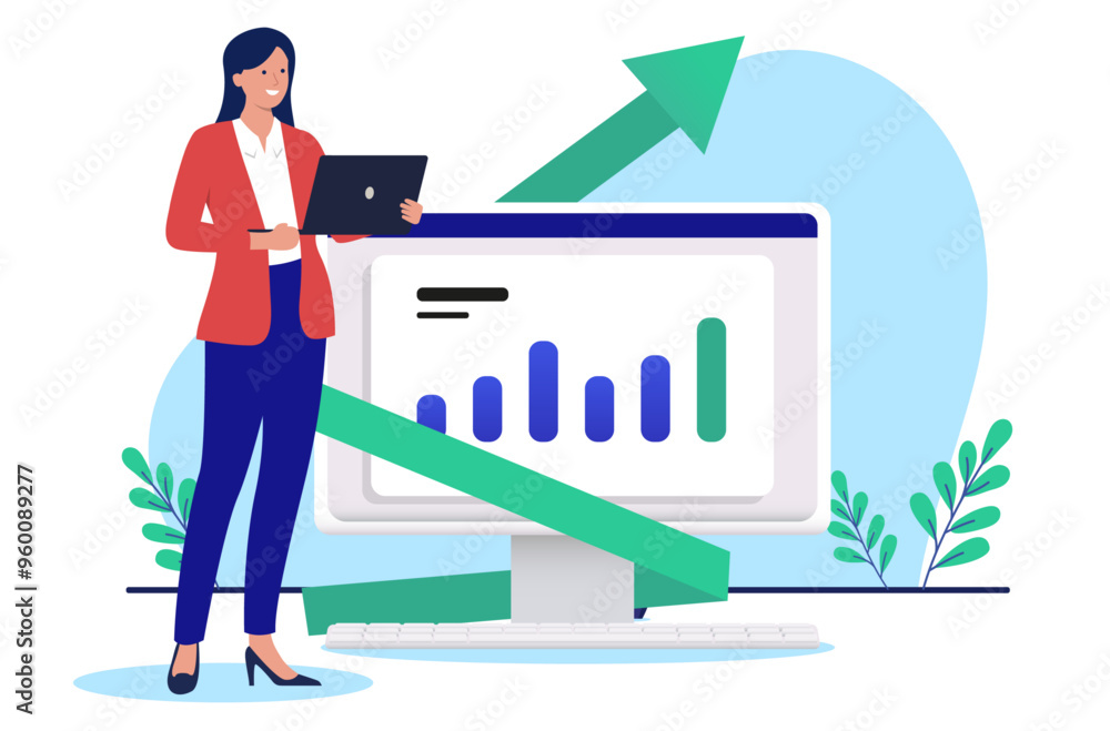 Poster successful businesswoman - female business person woman standing in front of computer with rising ch
