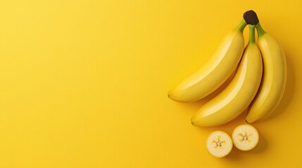Fototapeta premium Fresh ripe bananas on a vibrant yellow background, perfect for promoting healthy eating and vibrant lifestyle.