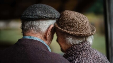 An outdoor scene showing the back view of an elderly couple sitting side by side, worn hats on their heads, representing companionship, resilience, and the joy of growing old together.