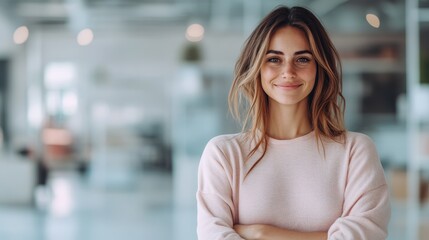 A confident woman with long hair wearing a light pink sweater, smiling warmly in an indoor setting, embodying positivity, comfort, and approachability in modern casual fashion.
