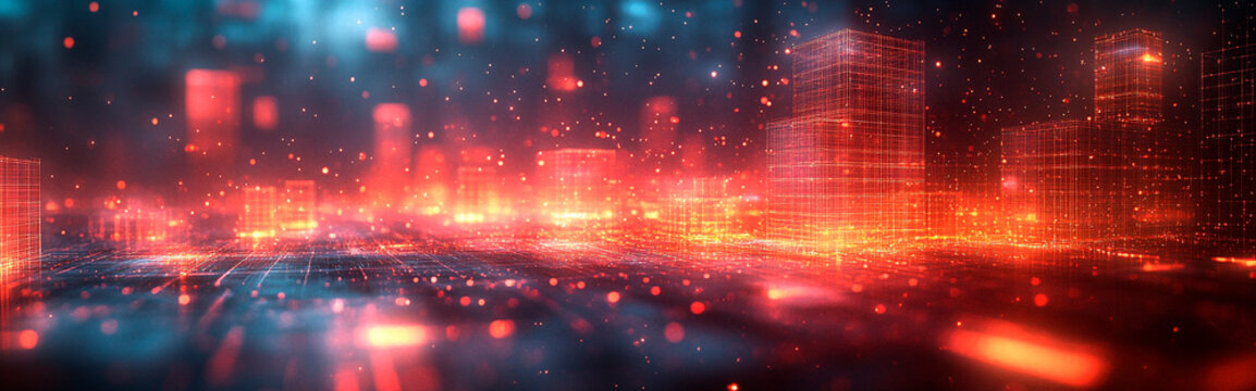 M&uacute;ltiples capas de rejillas transparentes y brillantes apiladas unas sobre otras, que representan dimensiones de realidad virtual. Part&iacute;culas flotantes de luz y formas geom&eacute;tricas se mueven a trav&eacute;s 