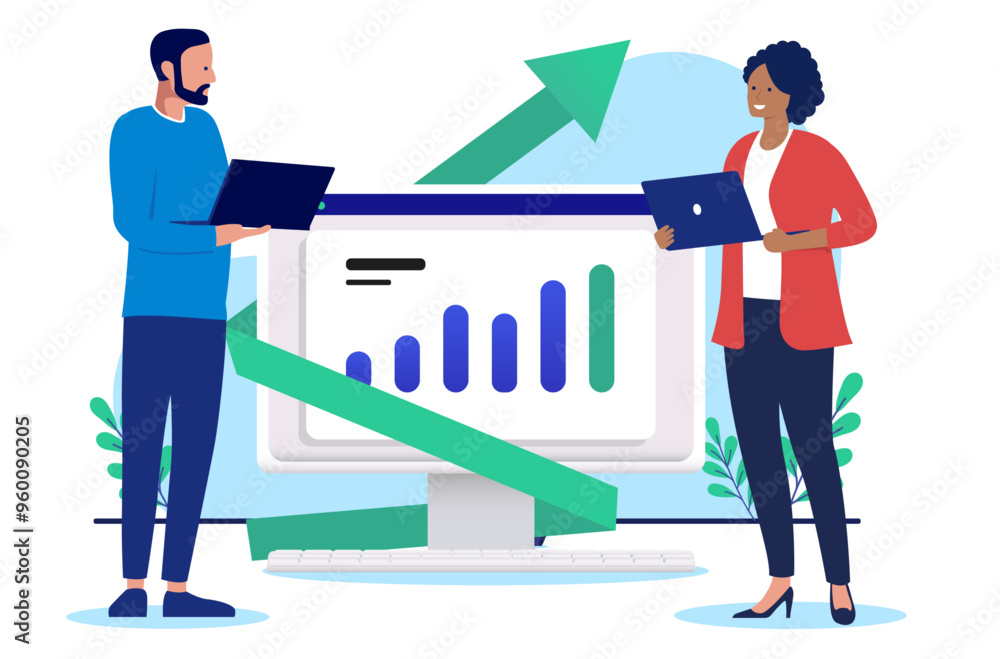 Fototapete Business success and growth - Two people standing in front of rising chart and graph on computer screen. Flat design vector illustration on white background