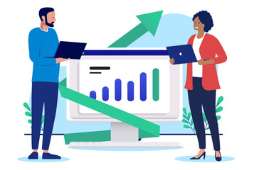 Fototapeta premium Business success and growth - Two people standing in front of rising chart and graph on computer screen. Flat design vector illustration on white background