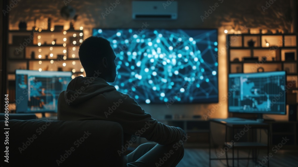 Poster a man sits in a dimly lit room, intently observing a large digital network display. the cozy ambianc