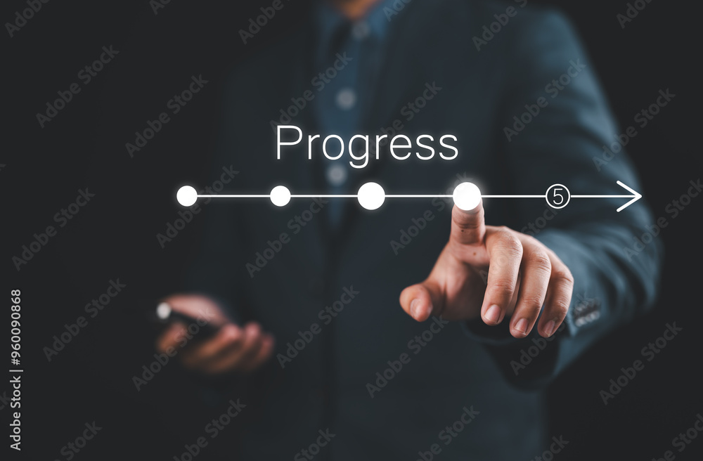 Fototapete Hand touching to tick correct mark in checklist with progressive loading status to remind work task progressive for project development management and tracking concept.