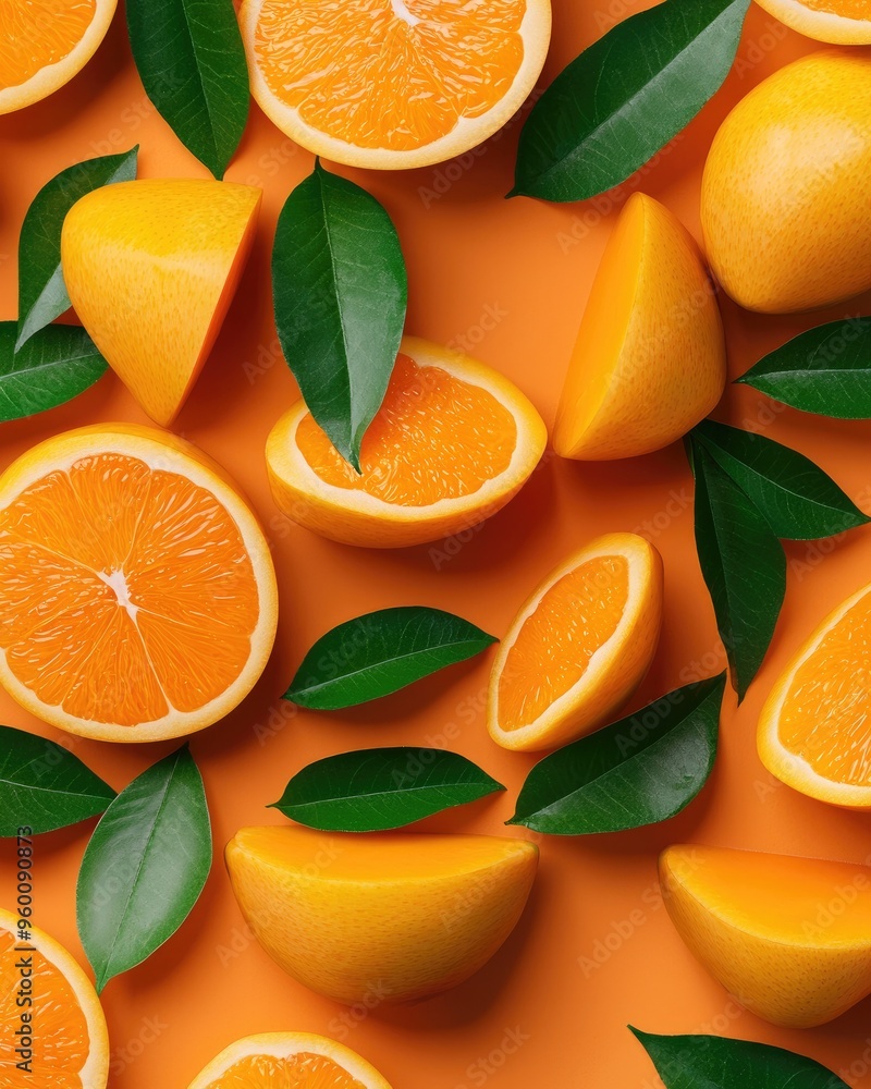 Wall mural vibrant and fresh orange slices with green leaves on a bright orange background, perfect for food an