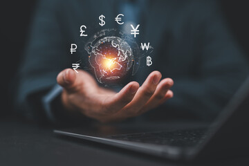 Online internet banking interbank payment concept. Man with virtual global currency symbols on...