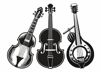 Collection of Isolated String Instruments: Contrabass, Mandolin, and Banjo Vector Illustrations, Ink Drawing Style for Brochures, Postcards, and Invitations.