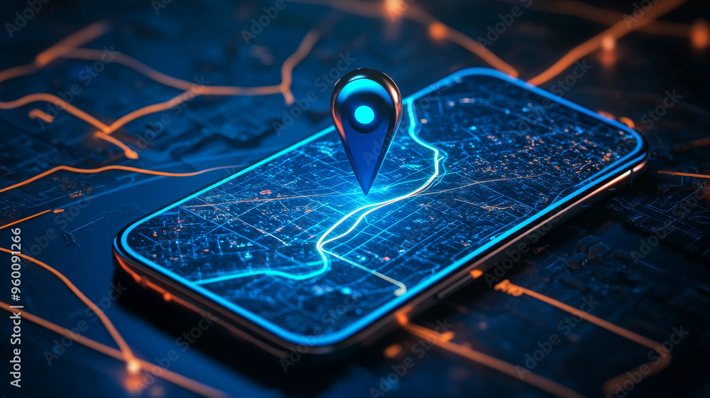 Poster a blue gps pin sits on a dark blue map. it shows a route on a smartphone navigation app. this image 