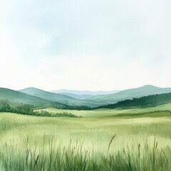 Obraz premium Serene Watercolor Landscape of Green Grasslands and Distant Hills