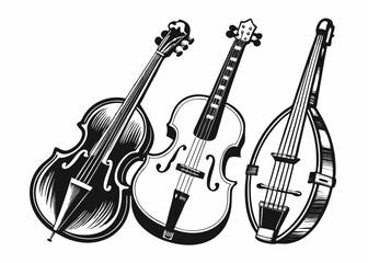 Set of contrabass, mandoline, banjo musical instrument vector illustration isolated. Orchestra stringed instruments ink drawn. Black white element for design wrapping, postcard, brochure, invitation
