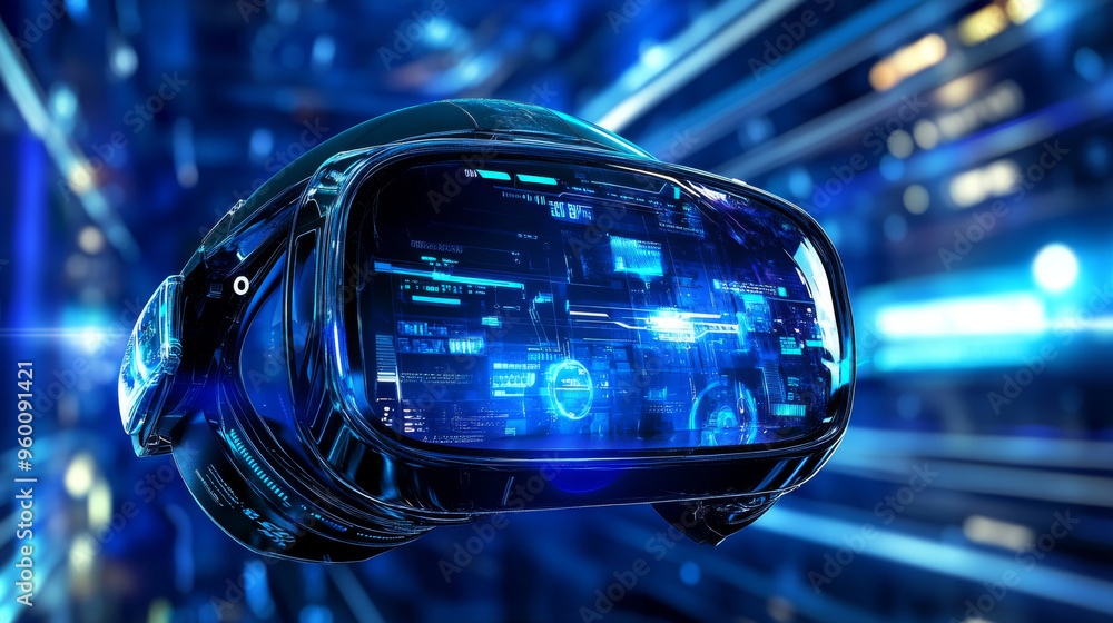 Poster a blue virtual reality world with a futuristic headset. the headset has a cool display and user inte