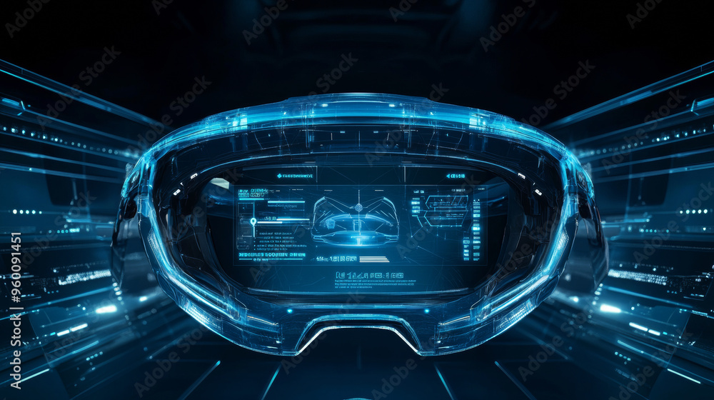 Poster a blue virtual reality world with a futuristic headset. the headset has a cool display and user inte