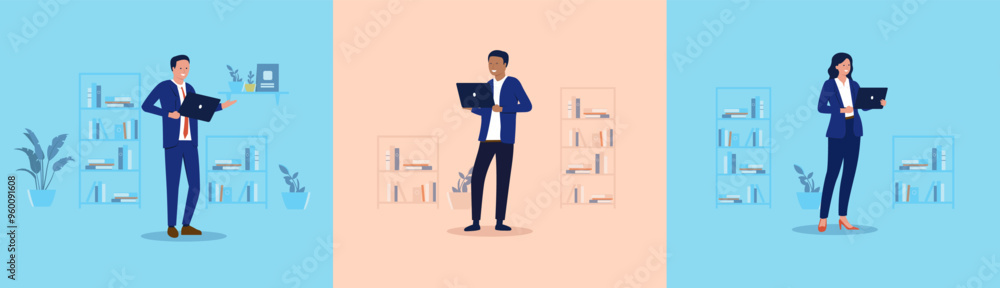 Poster businesspeople with computers - set of vector illustrations of businessman and businesswoman standin
