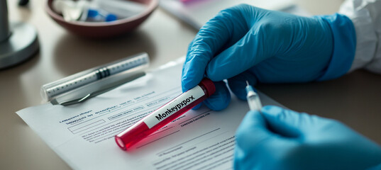 Doctor wearing medical gloves holding a blood tube with positive Monkeypox - Mpox virus Blood Sample.	