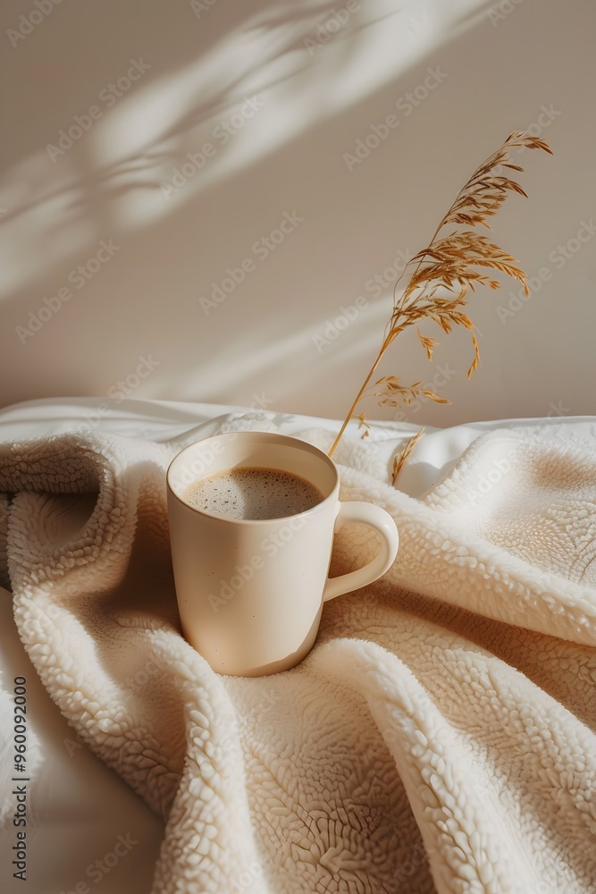 Poster fluffy fleece blanket wrap and a cup of chai in minimalist setting ai generated illustration