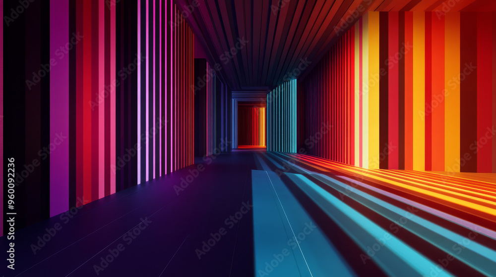 Poster a colorful 3d room with lines, shown against a black background. the lines create a sense of depth a