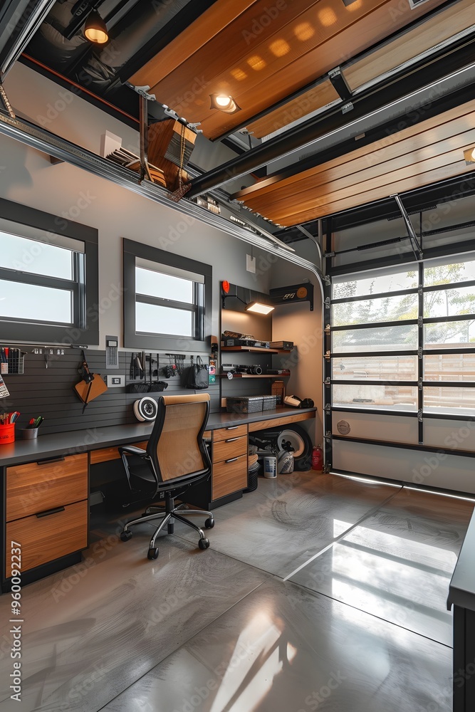 Poster garage with a warm minimalist design and practical workspace ai generated illustration