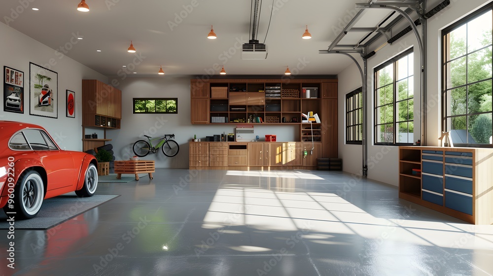 Poster garage with a warm minimalist design and practical workspace ai generated illustration