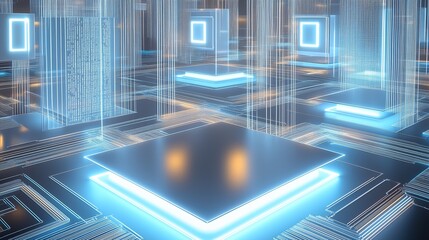 glowing microchips futuristic circuit board 3d rendering neon square elements blue light digital technology