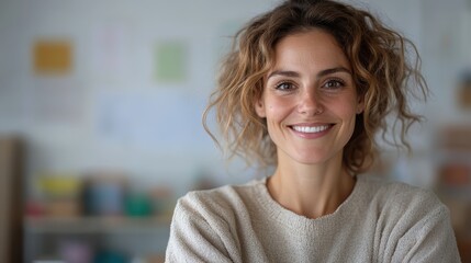 Fototapeta premium A smiling woman with curly hair stands against an artistic background, wearing casual attire. Her smile and the lively setting convey a sense of joy and positivity.
