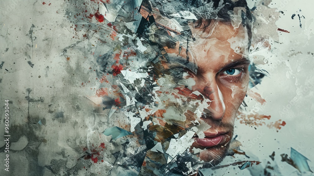 Poster a striking digital art piece depicting a man's face dissolving into shards. the fragmented effect cr