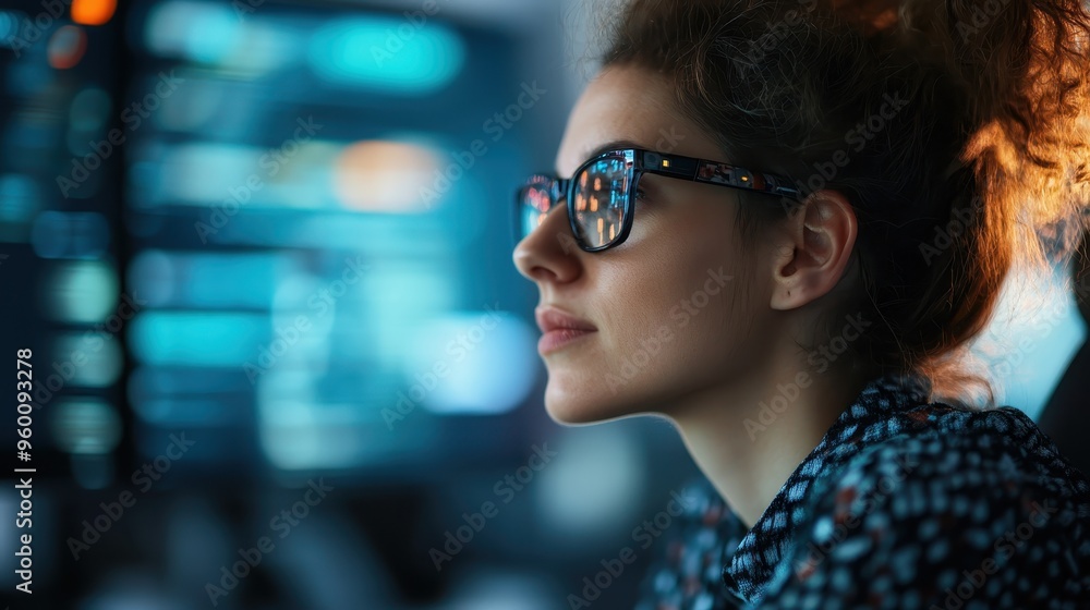 Poster a focused woman working with multiple computer screens in a tech environment, highlighting the bustl