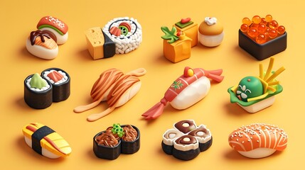 Icons of popular foods from around the world in a cute D design  AI generated illustration