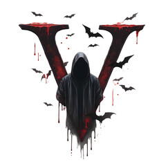 Hooded Figure with Dripping Blood on Gothic Letter V