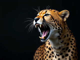 Obraz premium close up portrait of roaring cheetah, studio light , natural black plain background