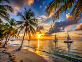 Serene sunset casts a warm glow on tranquil waters and powdery white sand beach, lined with swaying palm trees and sailboats in the distance.