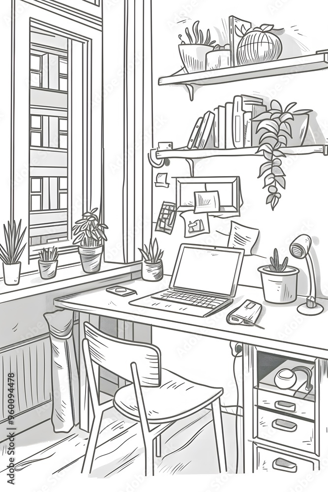 Poster line drawing of a simplistic warm work from home setup ai generated illustration
