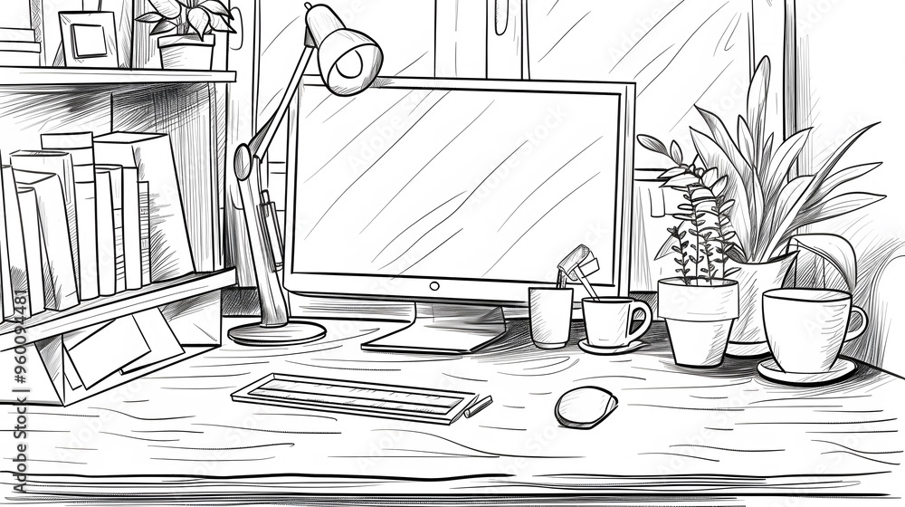 Poster line drawing of a simplistic warm work from home setup ai generated illustration