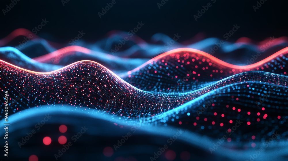 Poster a dark background with bright blue and red waves that move and flow. the waves are decorated with gl