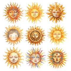 PNG watercolor sun element set, transparent background