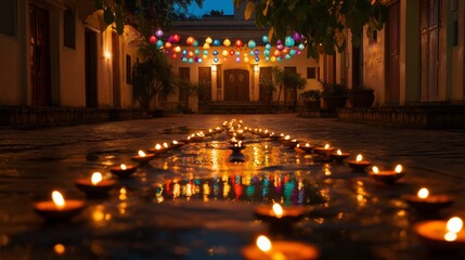 Naklejka premium A serene Diwali evening in a traditional courtyard illuminated by diyas and colorful lanterns