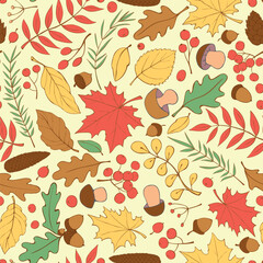 Seamless pattern falling leaves, acorns, berries, mushrooms. Vector color autumn texture, isolated, hand drawn in doodle flat style. Concept of forest, leaf fall, nature, thanksgiving