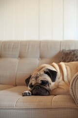 Minimalist room with a resting pug peacefully sleeping on a couch  AI generated illustration