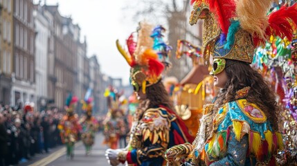 Obraz premium Lively Street Scene with Carnival Parade Featuring Colorful Floats and Costumed Performers