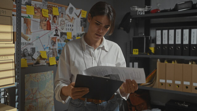 A focused woman detective analyzes documents in a cluttered police station office, conveying investigation and law enforcement.
