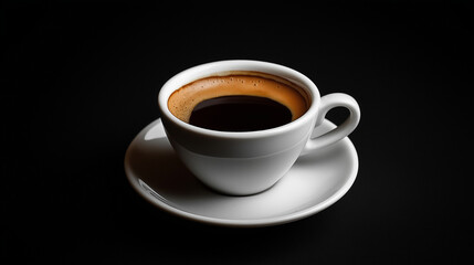 Obraz premium A cup of coffee rests on a white plate against a black background.