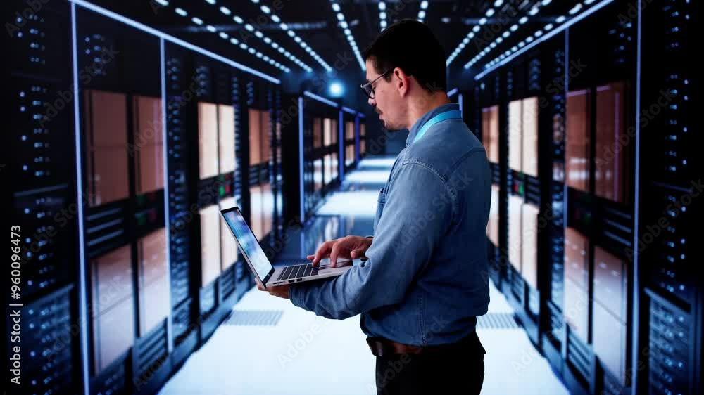 Poster happy engineer in data center server room configuring ai