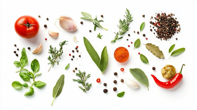 Bird&rsquo;s-eye view of herbs and spices on a plain background, used as cooking ingredients	
