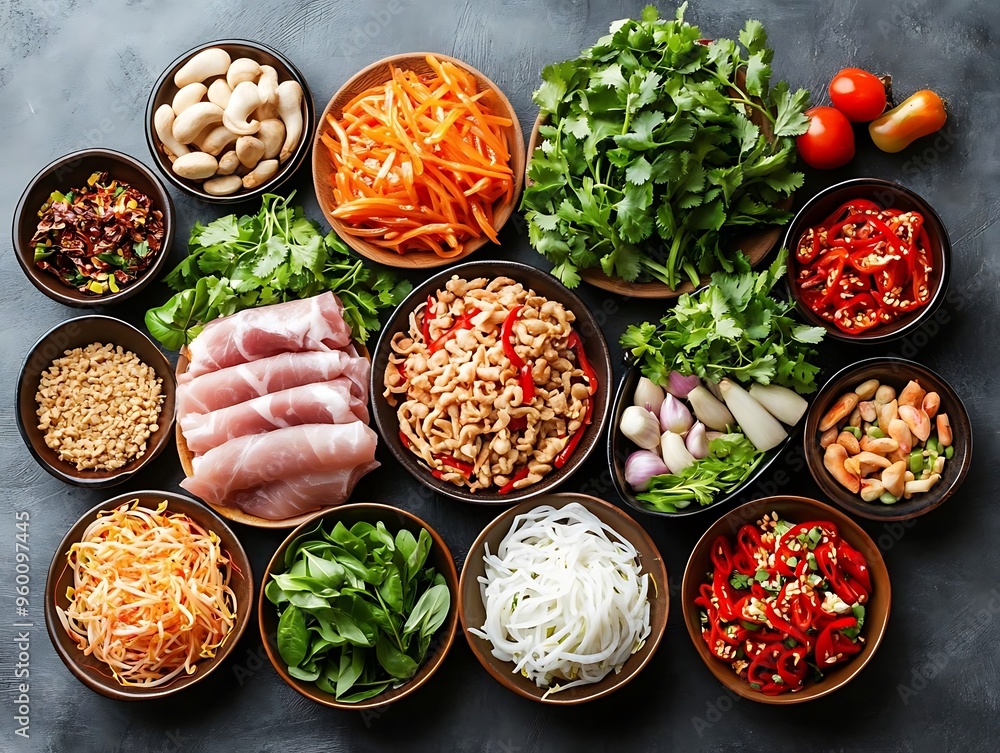 Wall mural vibrant vietnamese spring rolls ingredients photo - rice noodles, pork, herbs, and spices for fresh 